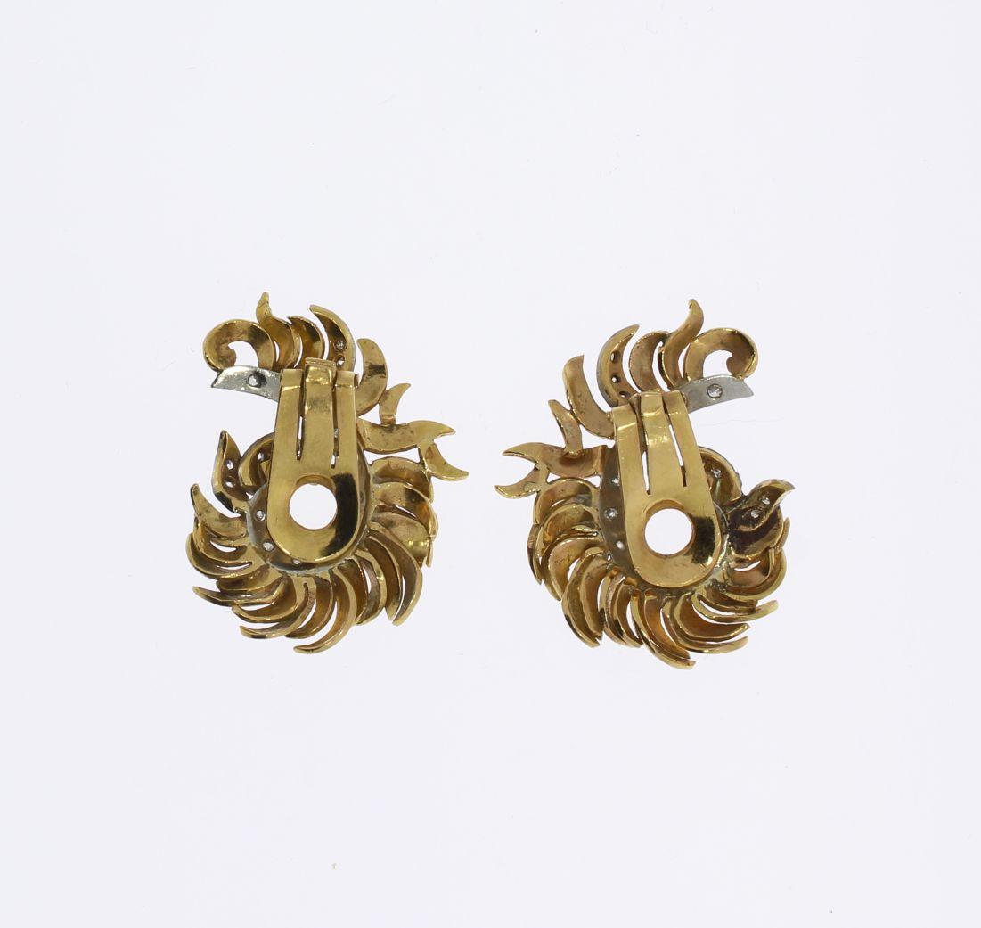 Round Cut Pair of Floral Diamond Gold Ear Clips For Sale