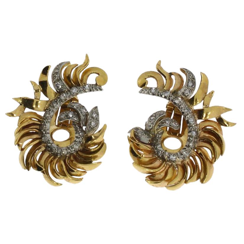 Pair of Floral Diamond Gold Ear Clips For Sale