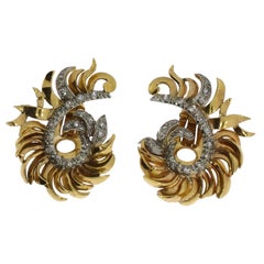 Vintage Pair of Floral Diamond Gold Ear Clips