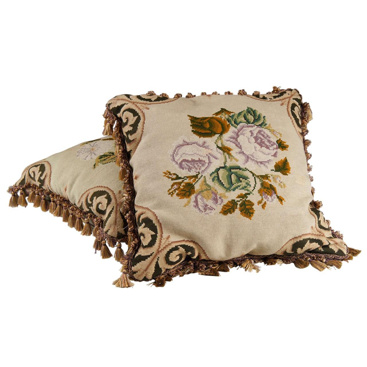 Pair of Floral Embroidered Needlepoint Pillows For Sale