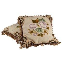 Pair of Floral Embroidered Needlepoint Pillows