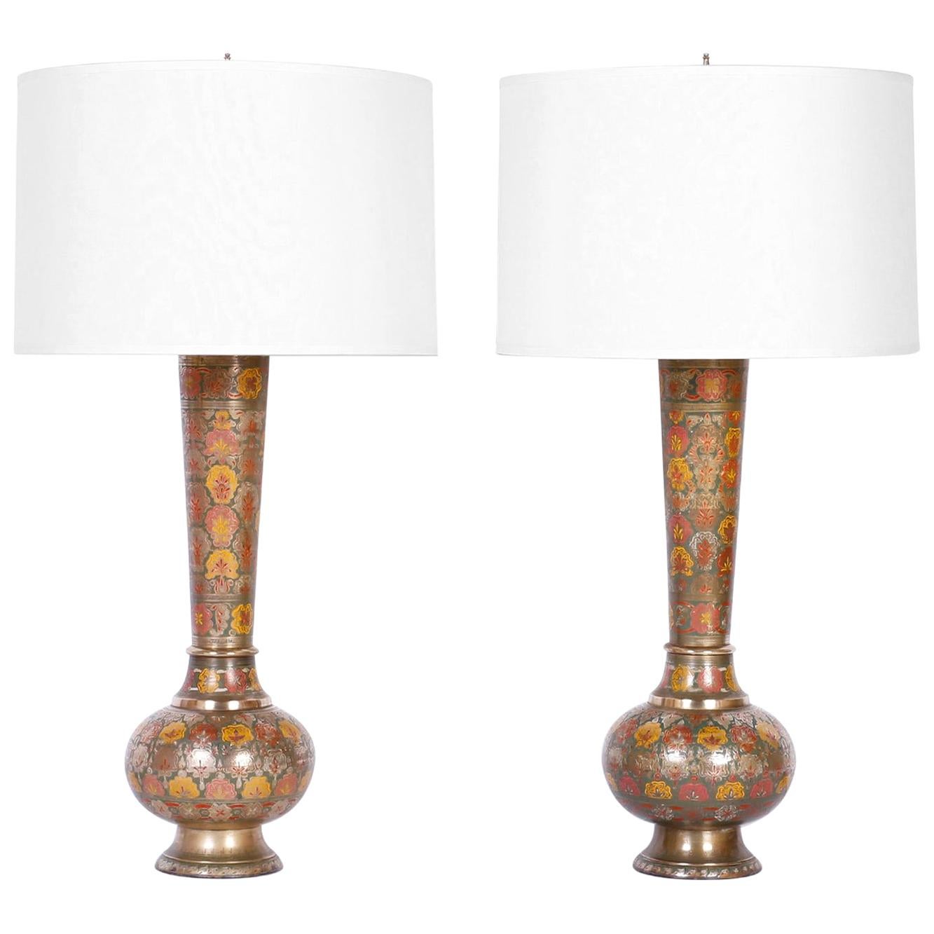 Pair of Floral Enamel Brass Table Lamps
