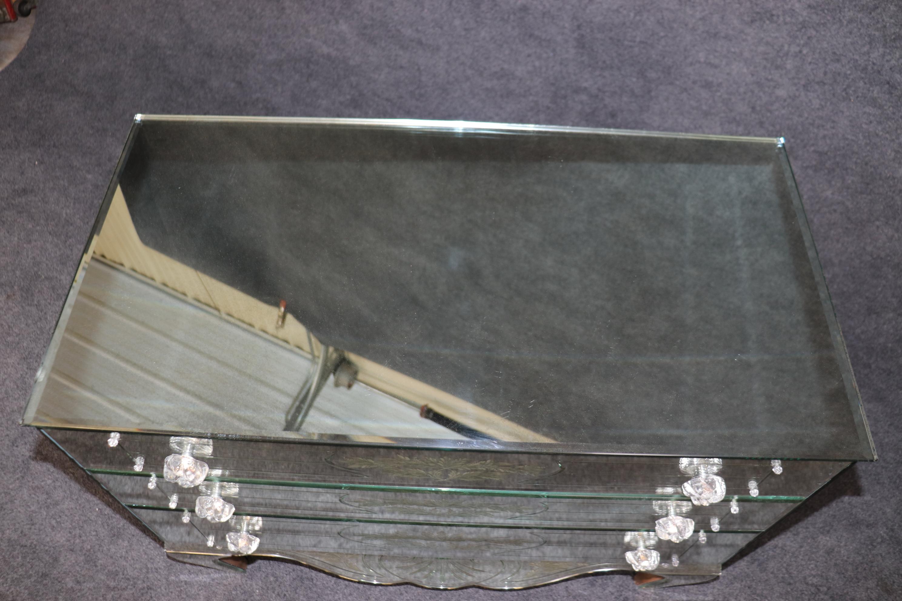 Pair of Floral Etched Glass Italian Louis XV Style Mirrored Commodes Circa 1950s 4