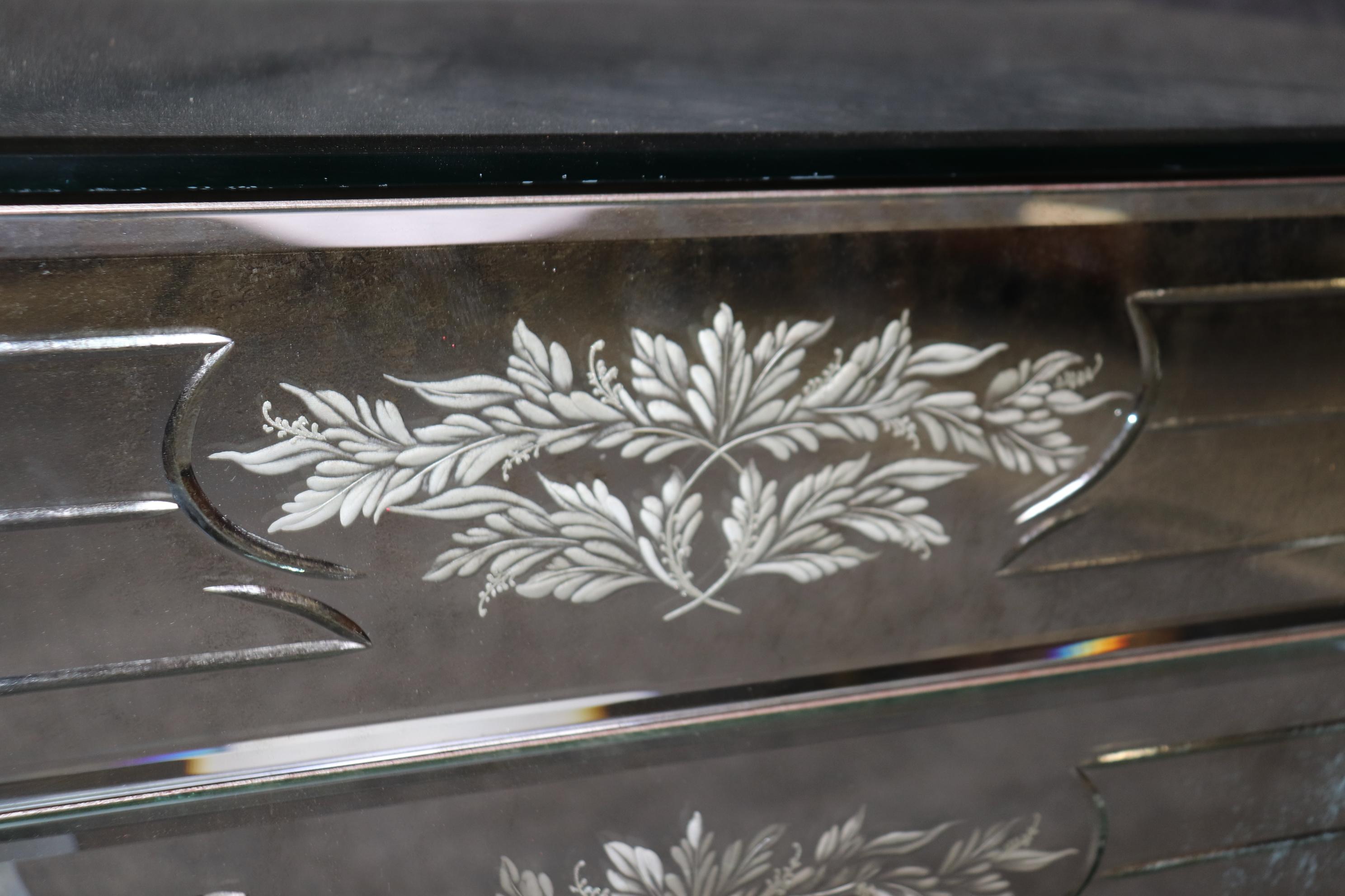 Pair of Floral Etched Glass Italian Louis XV Style Mirrored Commodes Circa 1950s For Sale 6