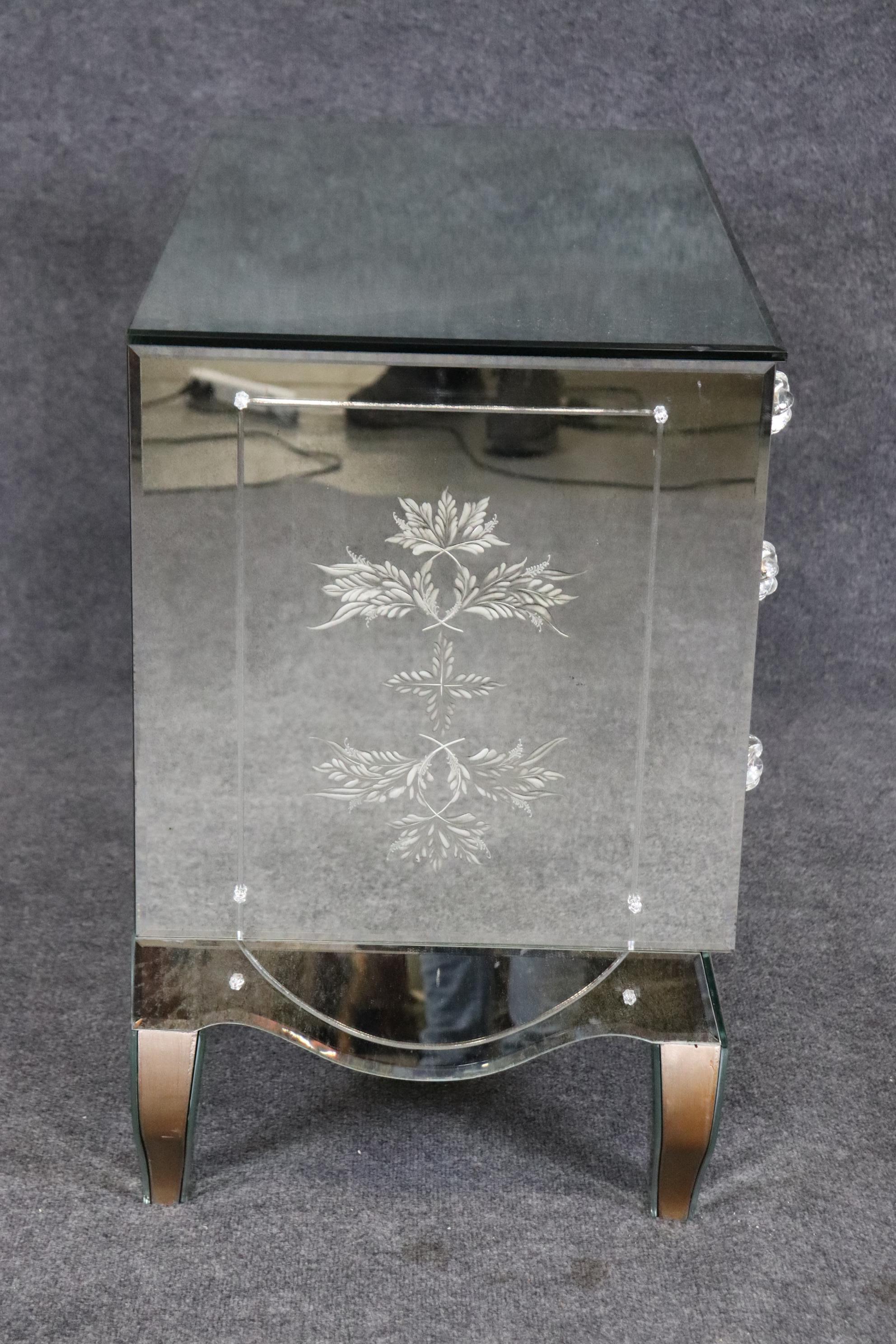 Art Glass Pair of Floral Etched Glass Italian Louis XV Style Mirrored Commodes Circa 1950s For Sale