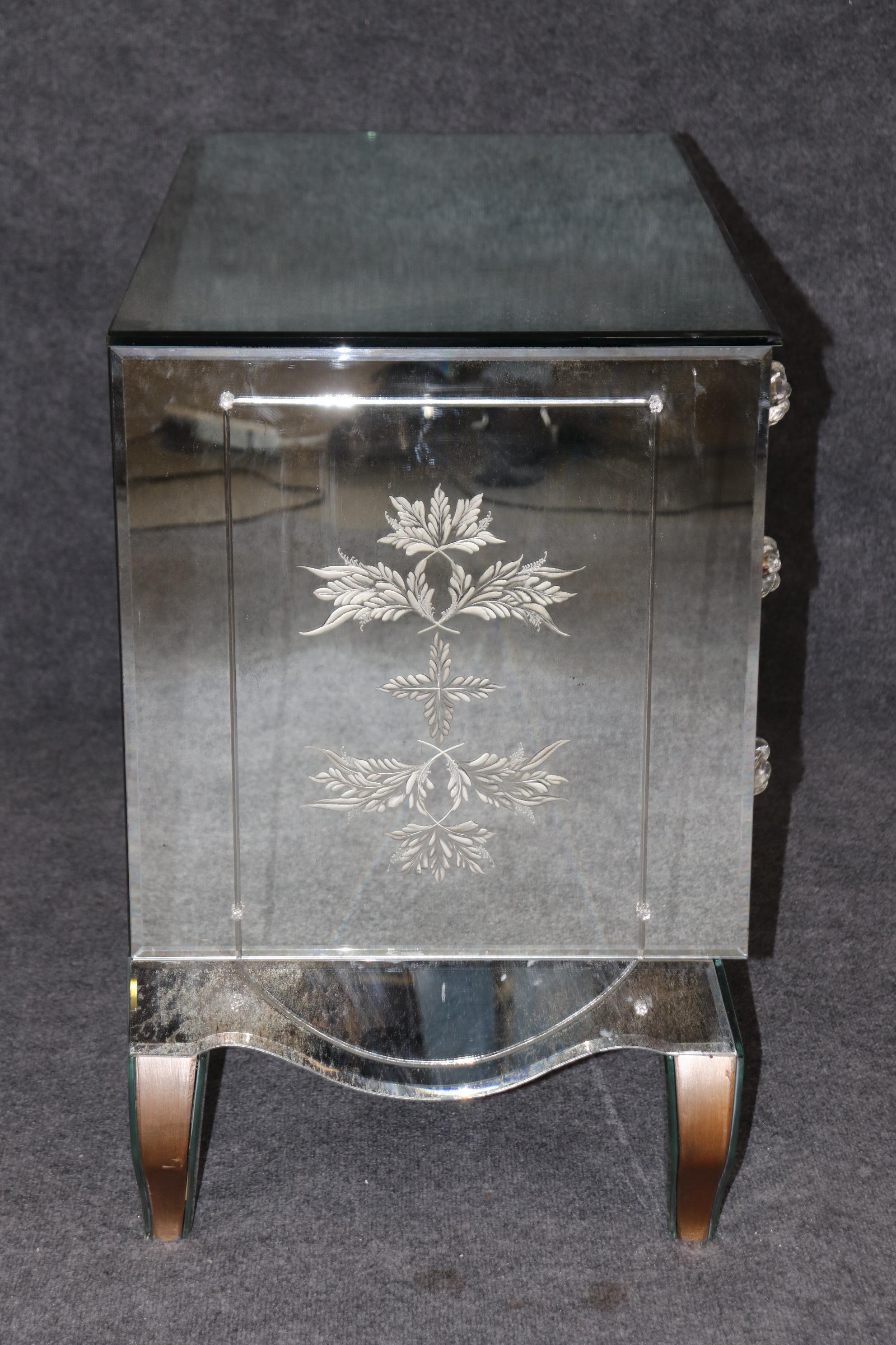 Pair of Floral Etched Glass Italian Louis XV Style Mirrored Commodes Circa 1950s For Sale 1
