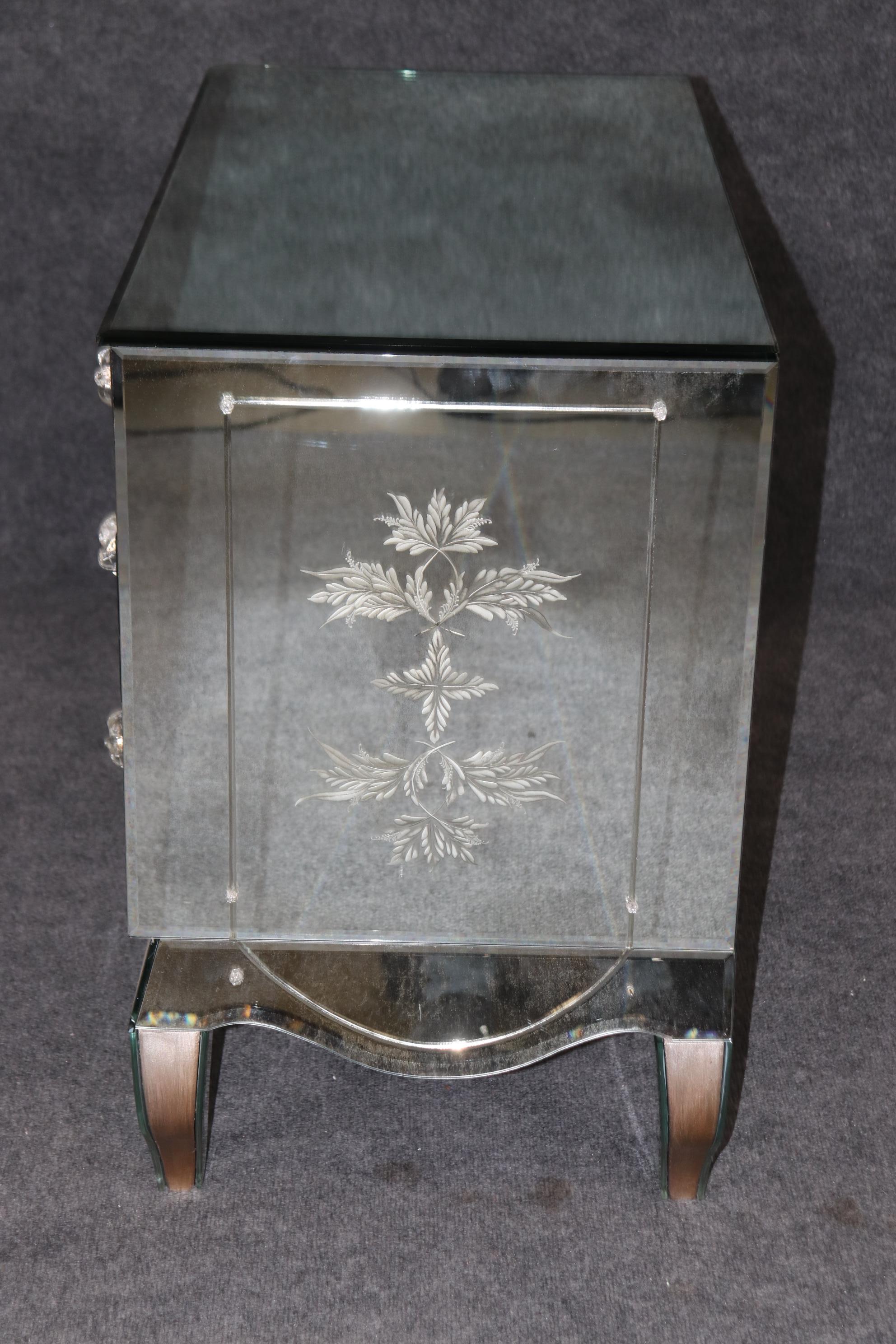 Pair of Floral Etched Glass Italian Louis XV Style Mirrored Commodes Circa 1950s For Sale 3