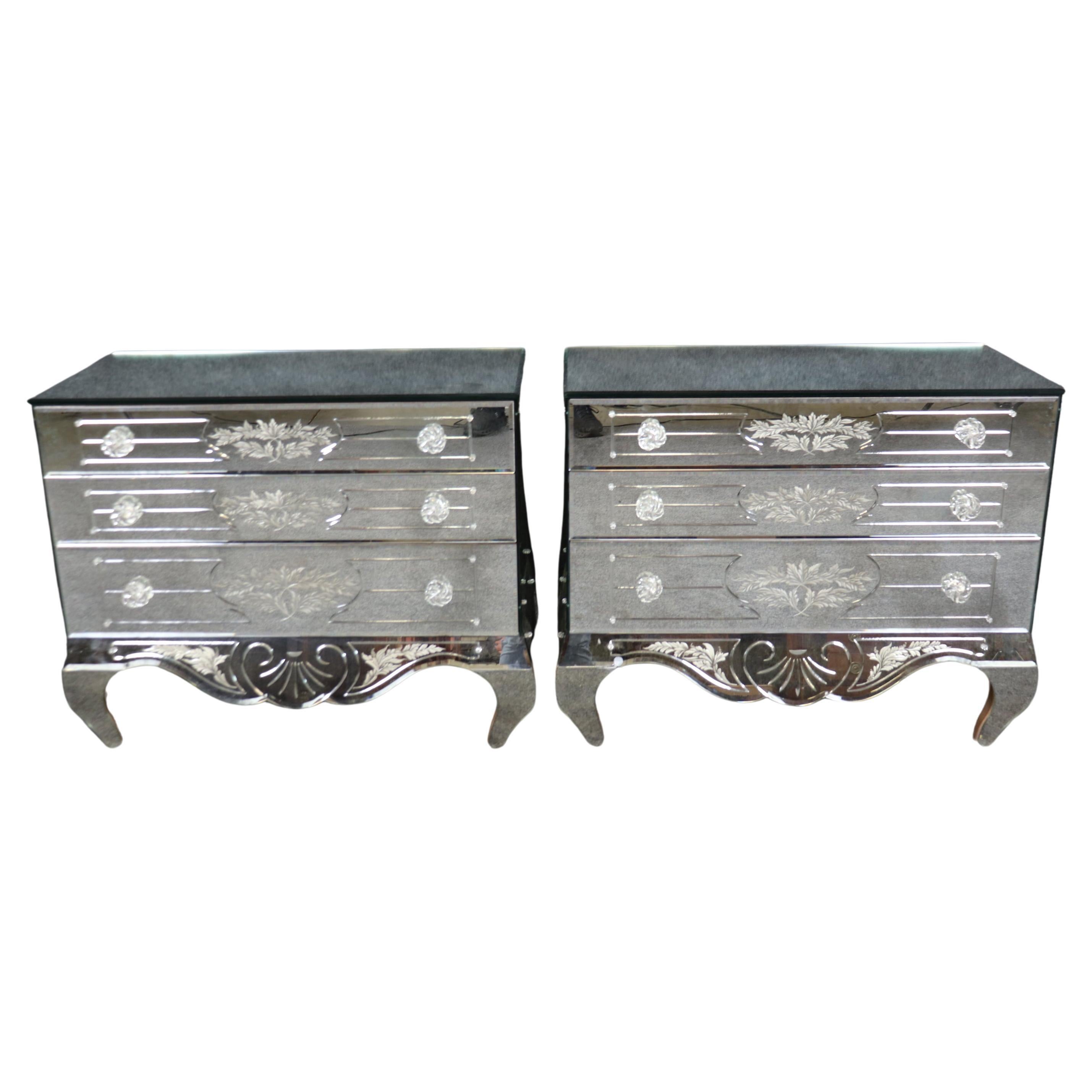 Pair of Floral Etched Glass Italian Louis XV Style Mirrored Commodes Circa 1950s For Sale