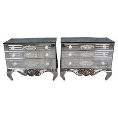 Vintage Pair of Floral Etched Glass Italian Louis XV Style Mirrored Commodes Circa 1950s