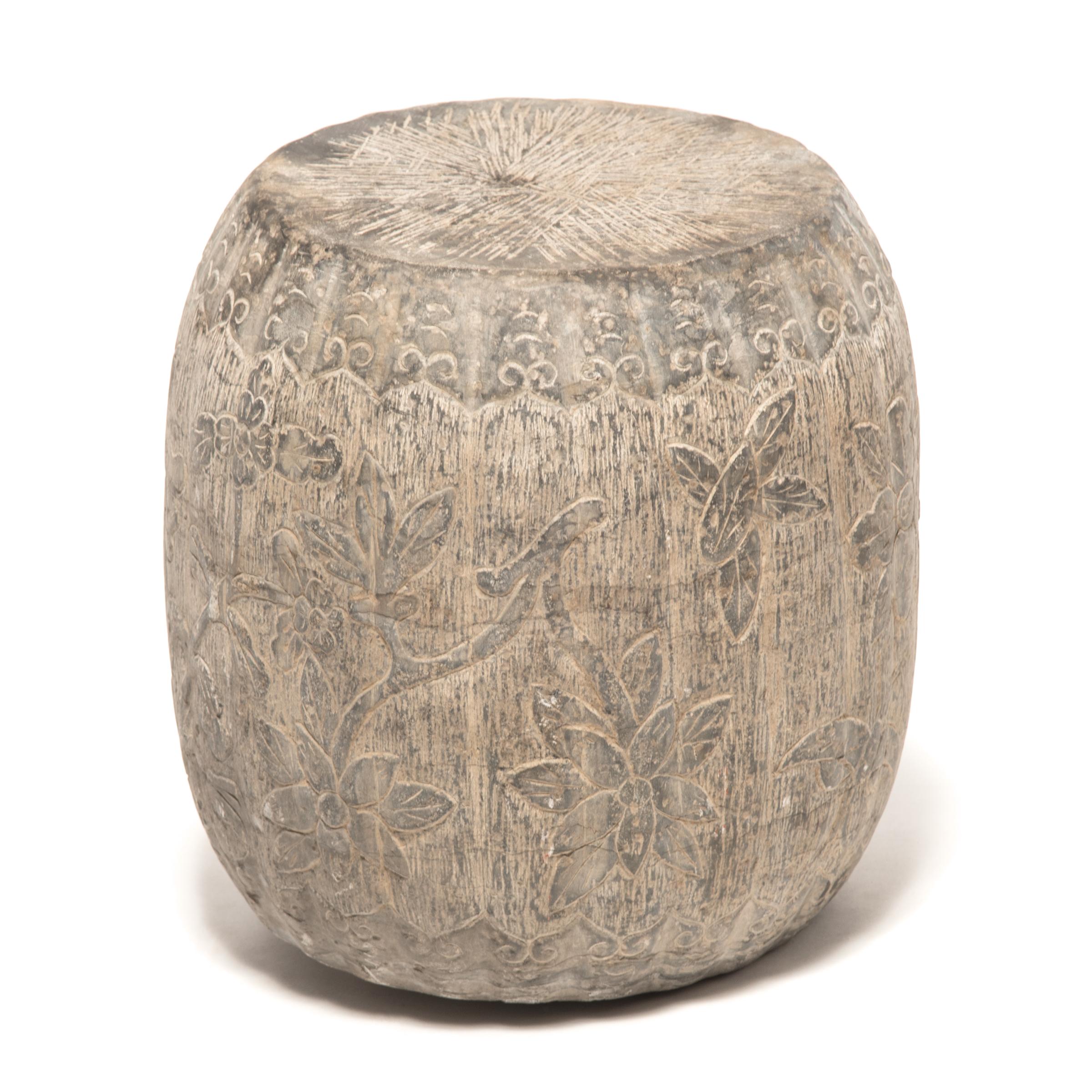 Pair of Floral Etched Melon Shape Limestone Drums 2