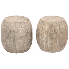 Pair of Floral Etched Melon Shape Limestone Drums