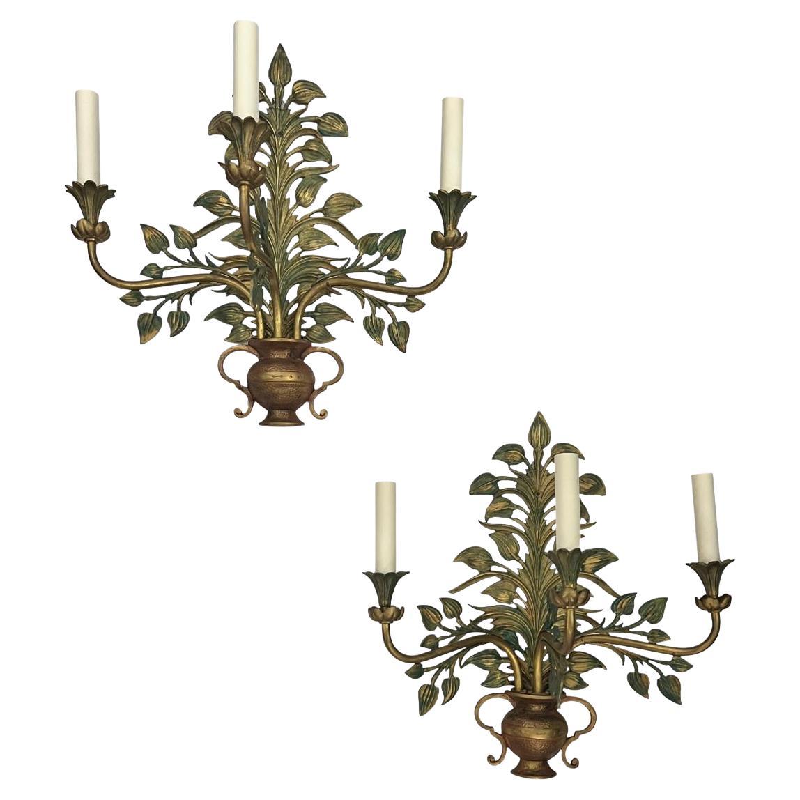 Pair of Floral Gilt Bronze Sconces For Sale