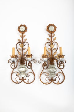 Pair of Floral Gilt Metal and Crystal Wall Sconces, Attributed to Maison Baguès