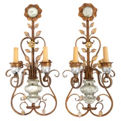 Pair of Floral Gilt Metal and Crystal Wall Sconces, Attributed to Maison Baguès