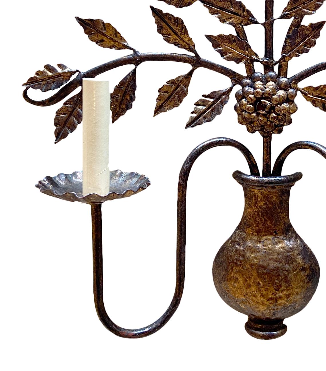 Italian Pair of Floral Gilt Metal Sconces For Sale