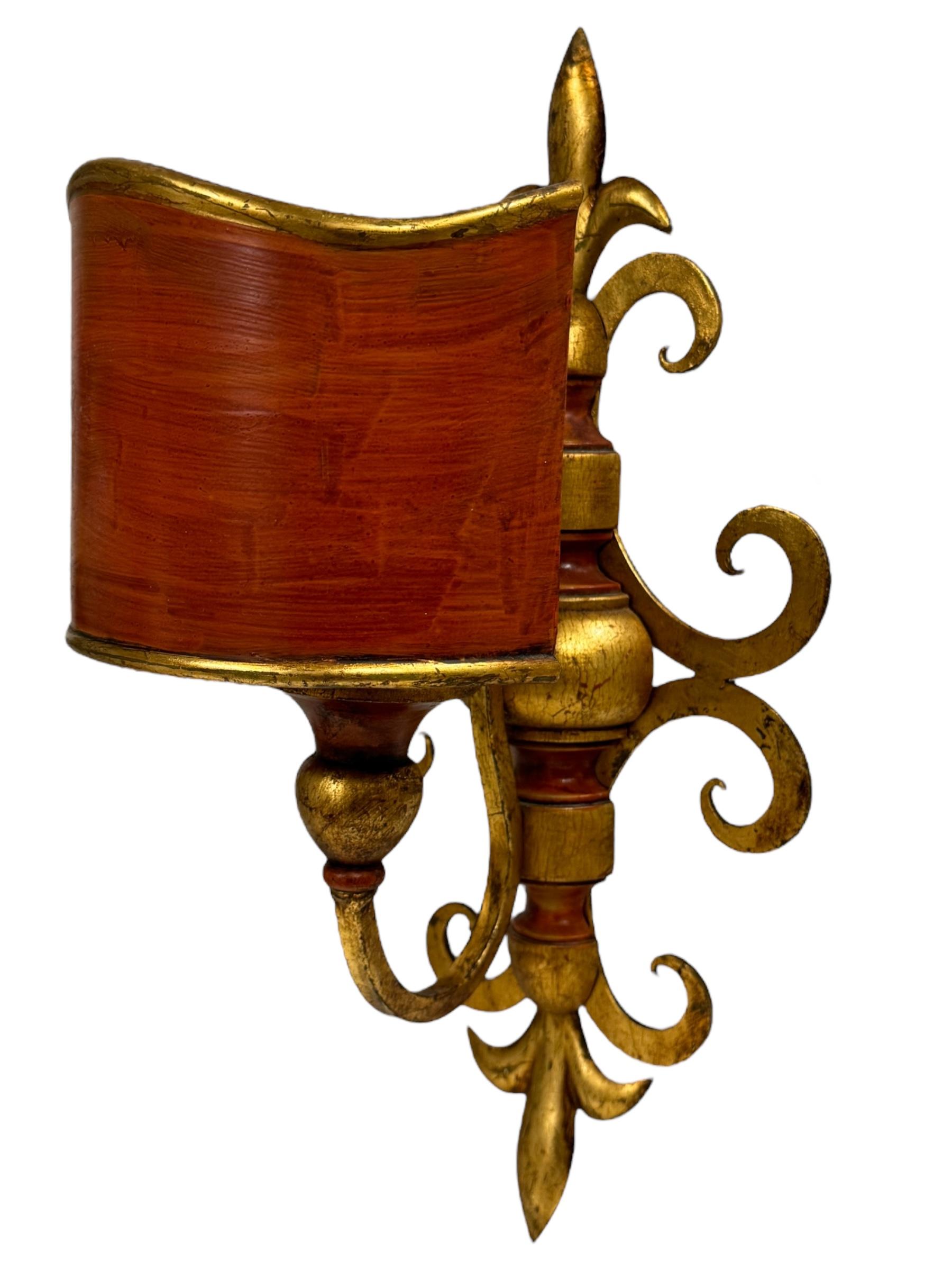 Gilt Pair of Floral Lily Tole Sconces with moveable Shade Gilded Metal, 1960s For Sale
