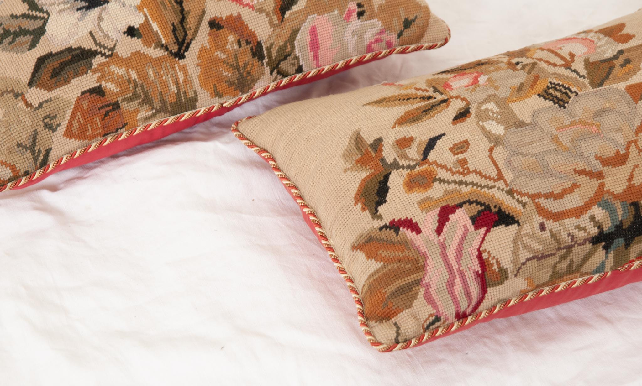 English Pair of  Floral Lumbar Needlepoint Pillows For Sale