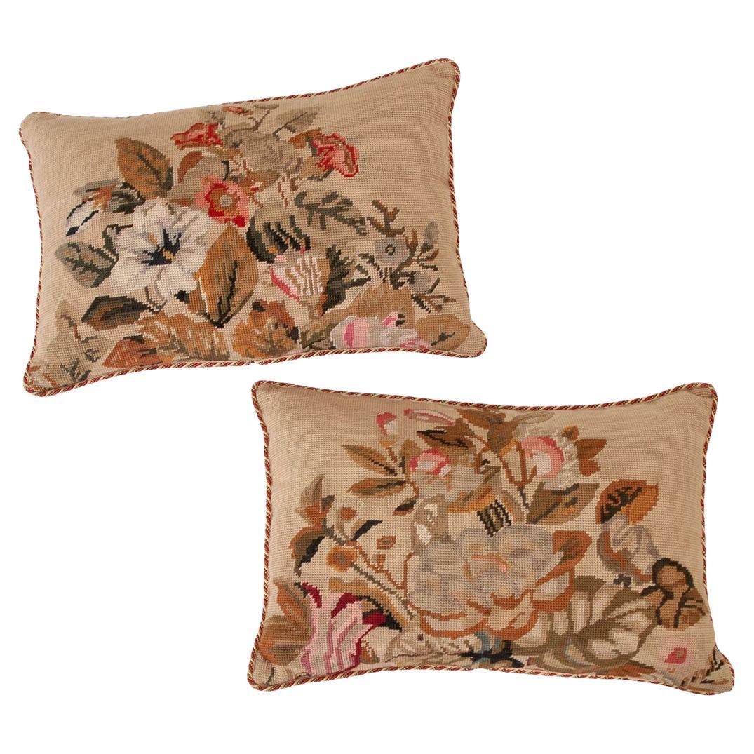 Pair of  Floral Lumbar Needlepoint Pillows