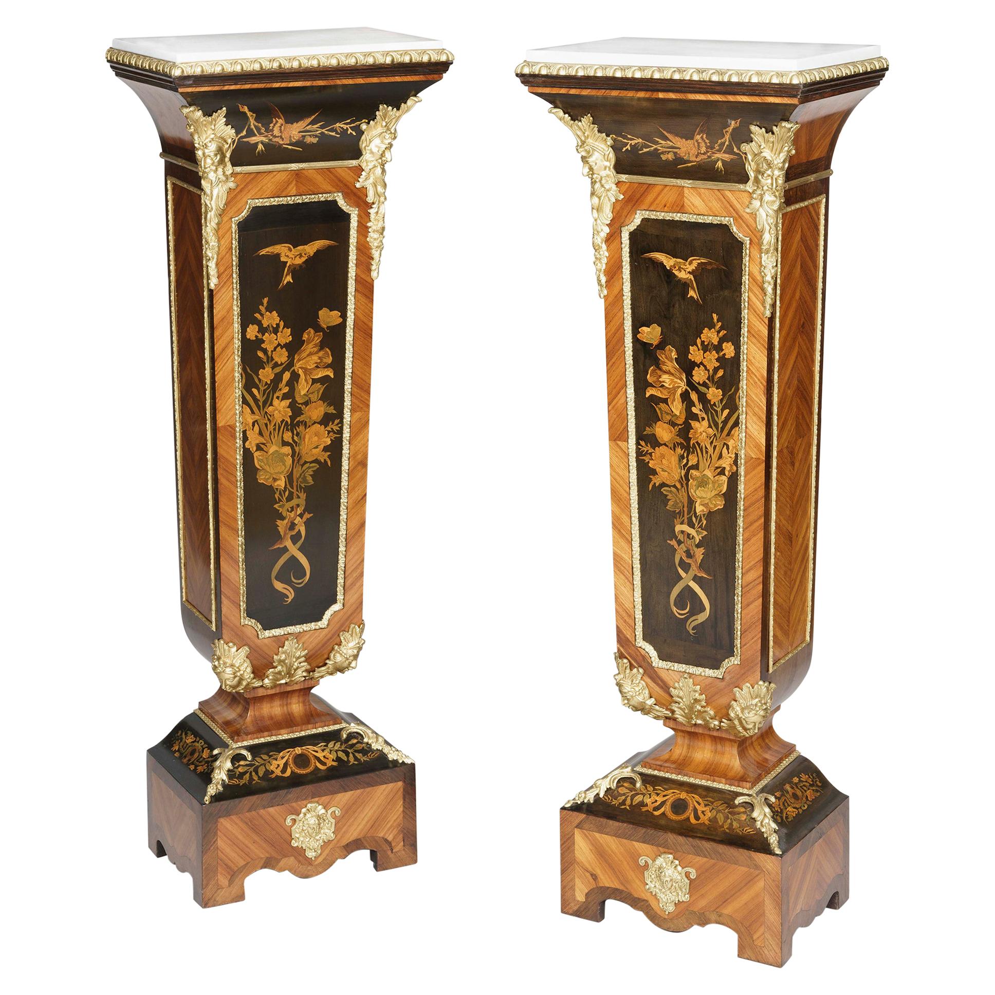 Pair of Floral Marquetry Pedestals Attributed to Joseph Cremer For Sale