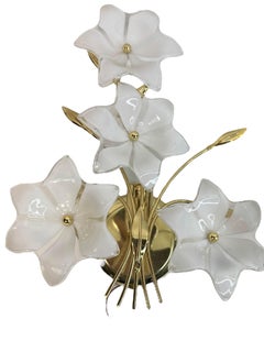 Pair of Floral Murano Glass Sconces, Vintage Brass Wall Lights, 1970s Italy