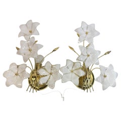 Pair of Floral Murano Glass Sconces, Vintage Brass Wall Lights, 1970s Italy