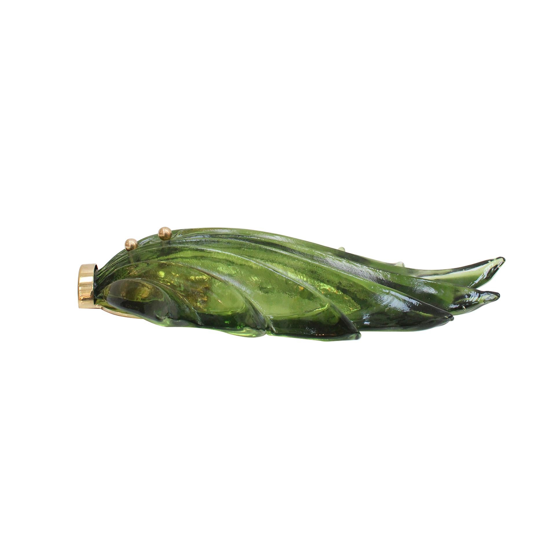 Brass Pair of Floral Murano Glass Wall Sconces in Green, Italian Art Glass Lighting
