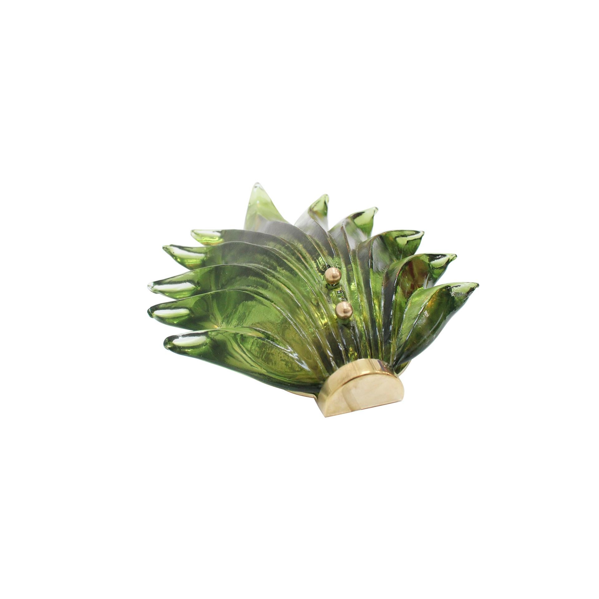 Pair of Floral Murano Glass Wall Sconces in Green, Italian Art Glass Lighting 1