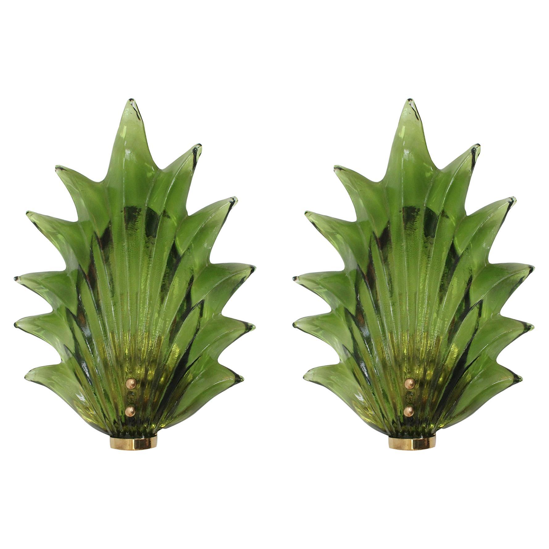 Pair of Floral Murano Glass Wall Sconces in Green, Italian Art Glass Lighting For Sale