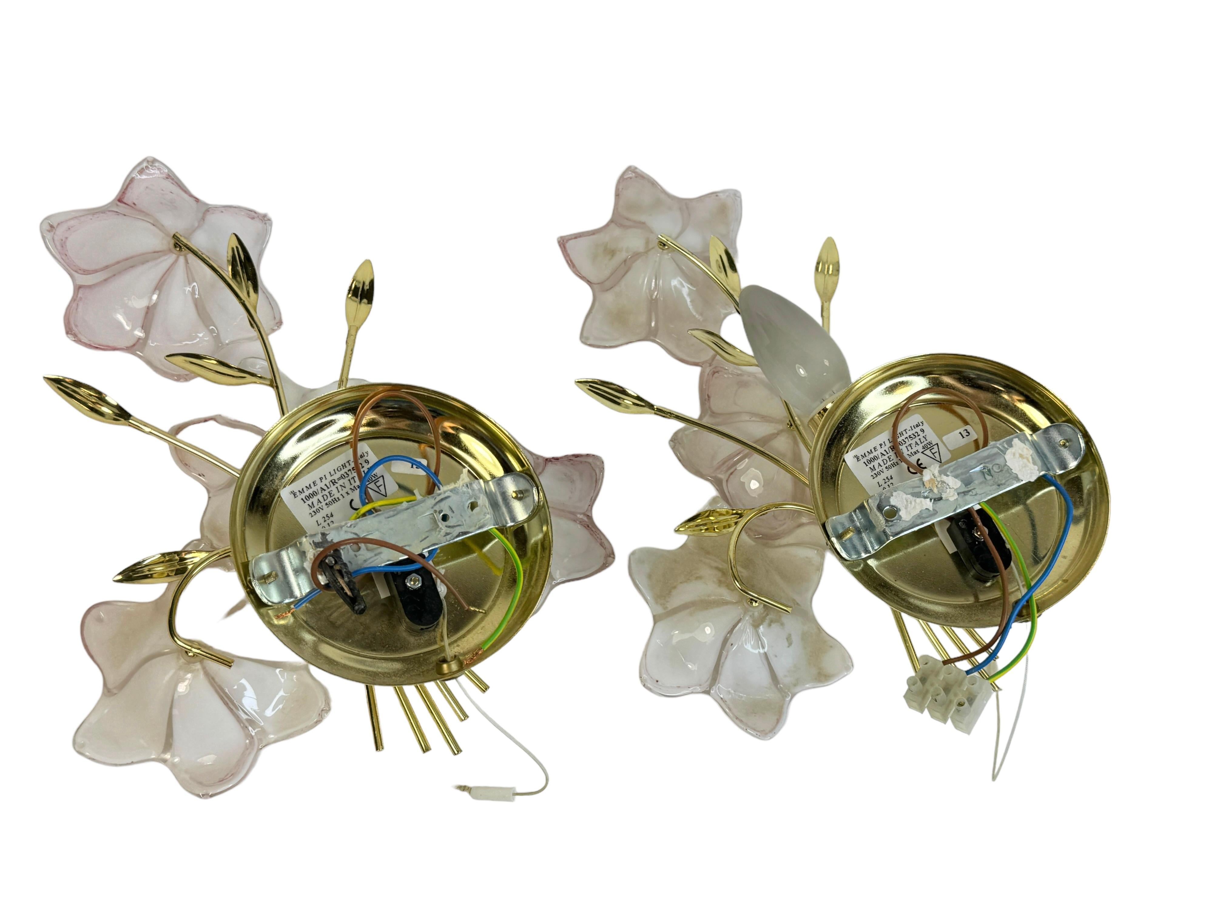 Paar florale Murano Wandleuchten, Vintage Messing Wandleuchten, 1970er Italien 5
