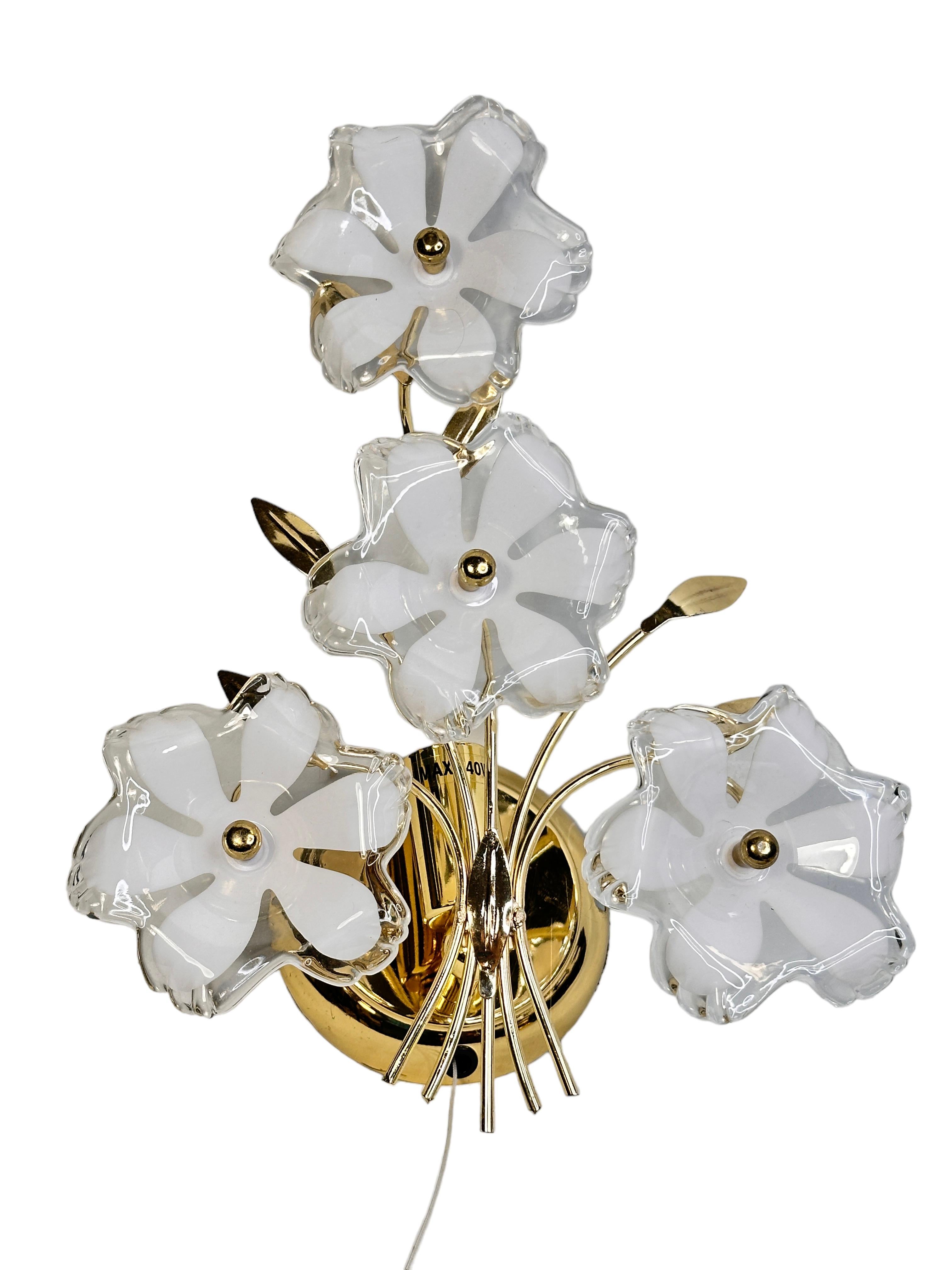Hollywood Regency Pair of Floral Murano Sconces, Vintage Brass Wall Lights, 1970s Italy