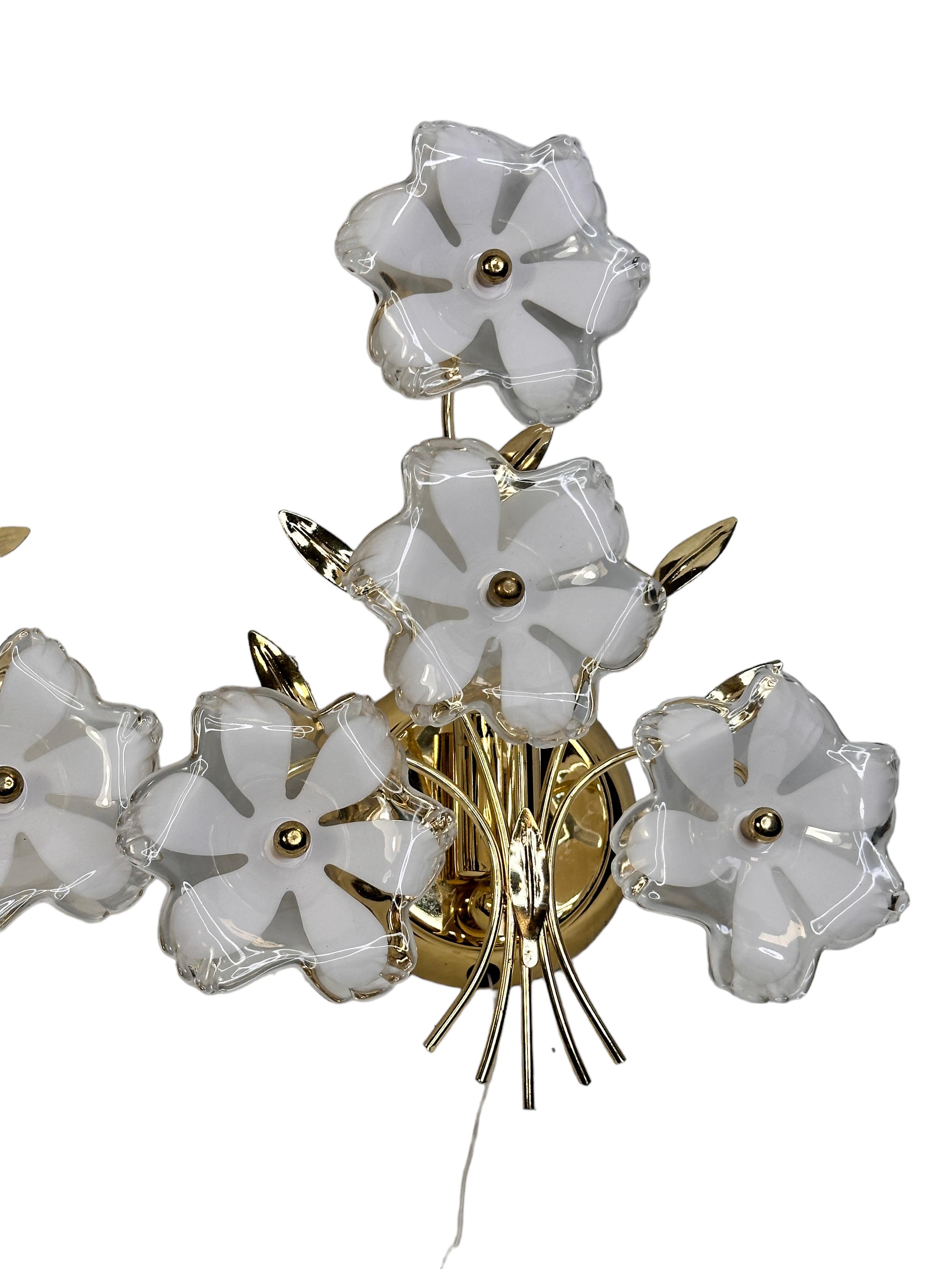 Italian Pair of Floral Murano Sconces, Vintage Brass Wall Lights, 1970s Italy