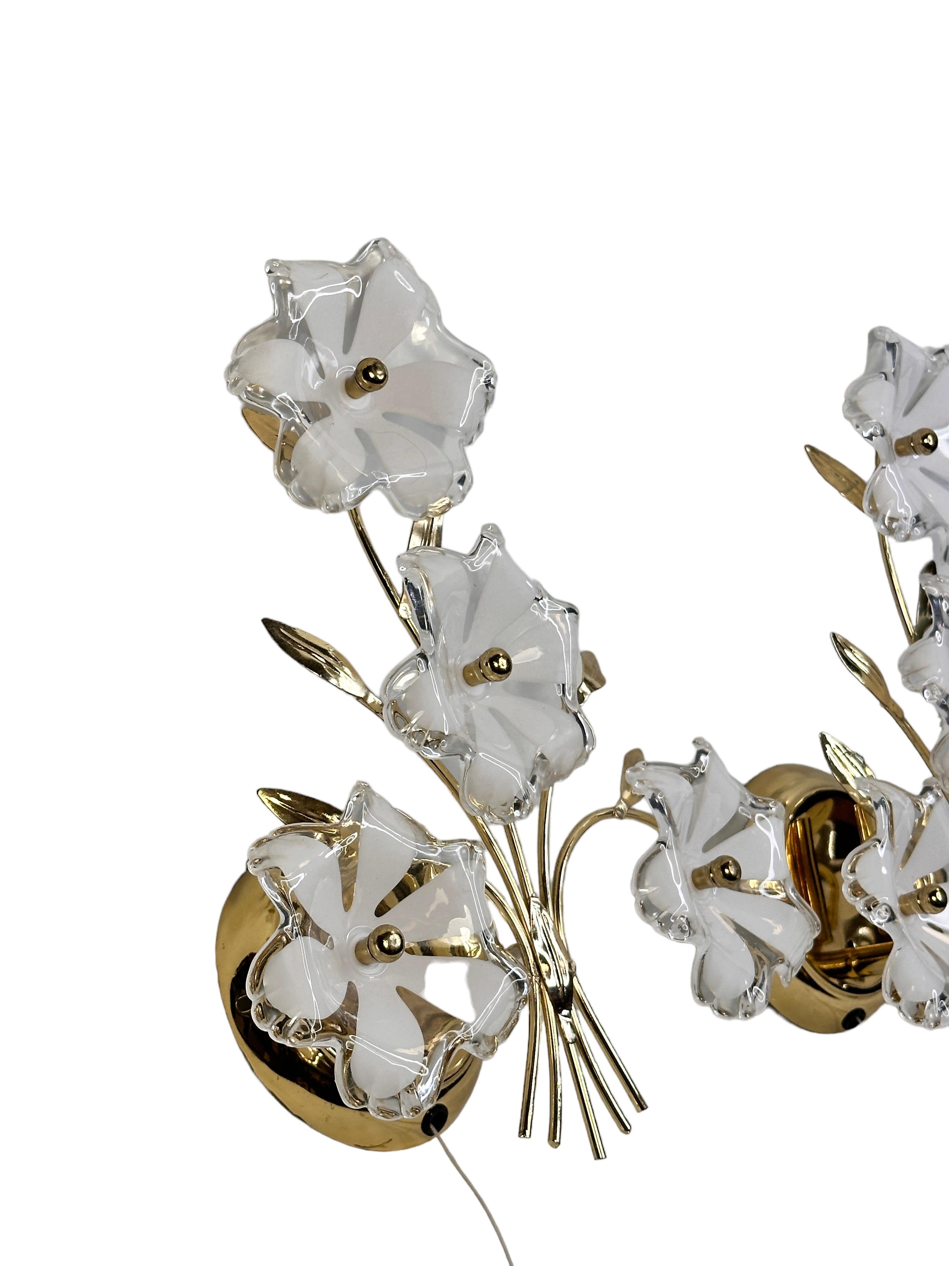 Metal Pair of Floral Murano Sconces, Vintage Brass Wall Lights, 1970s Italy