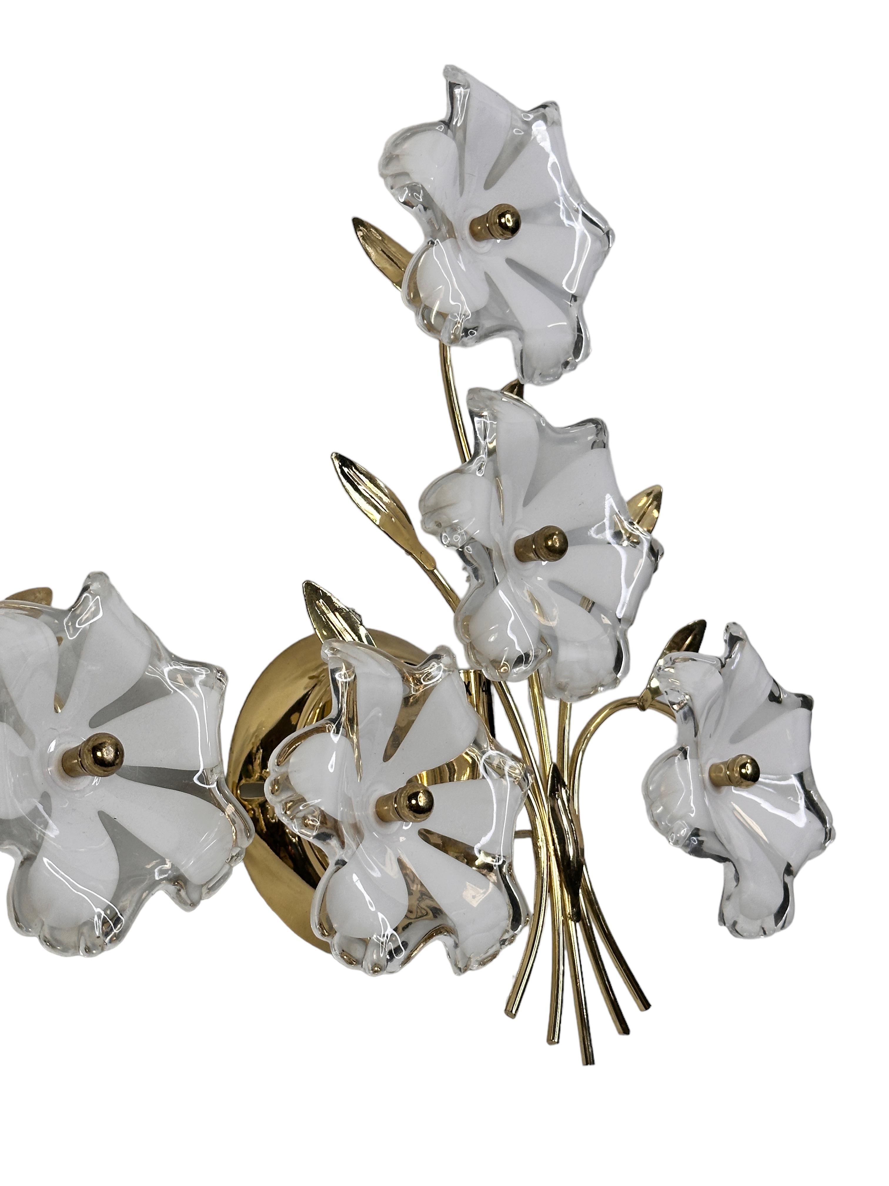 Pair of Floral Murano Sconces, Vintage Brass Wall Lights, 1970s Italy 1