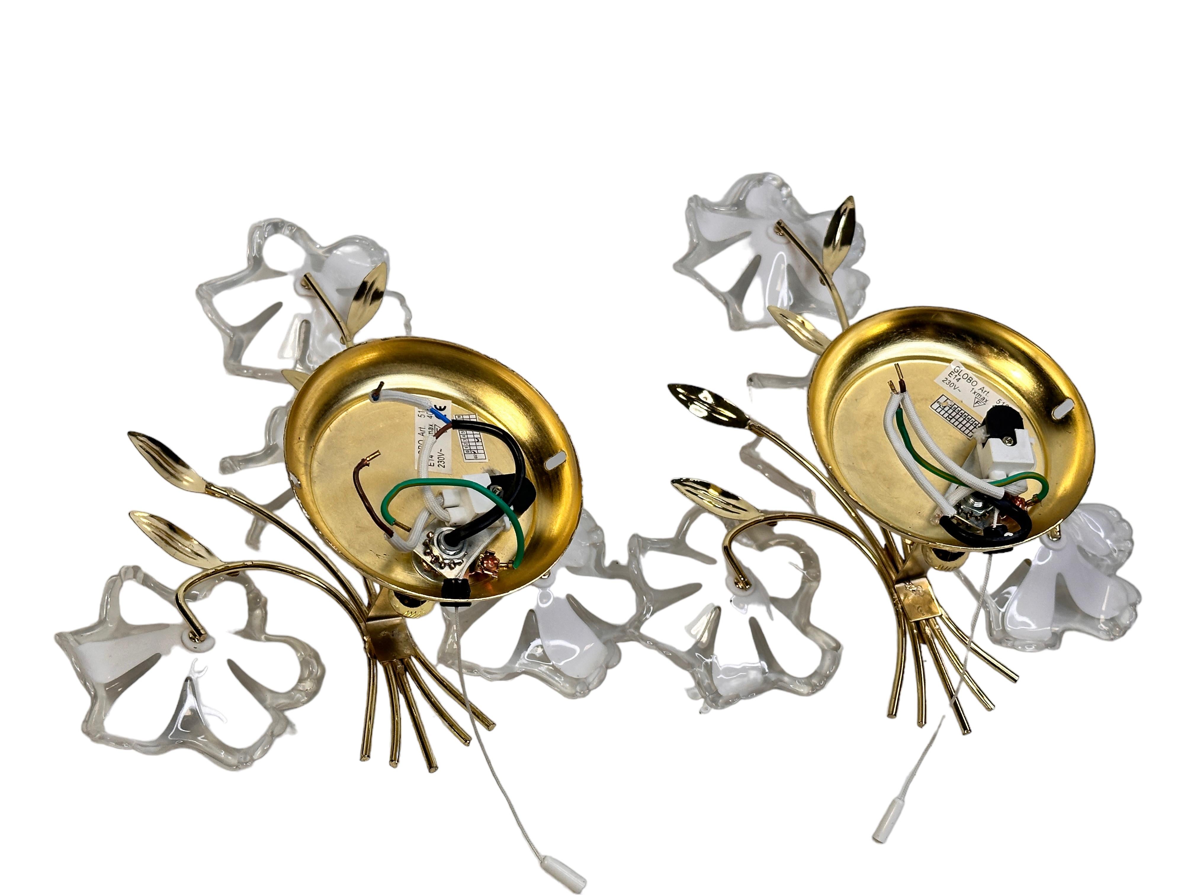 Pair of Floral Murano Sconces, Vintage Brass Wall Lights, 1970s Italy 2