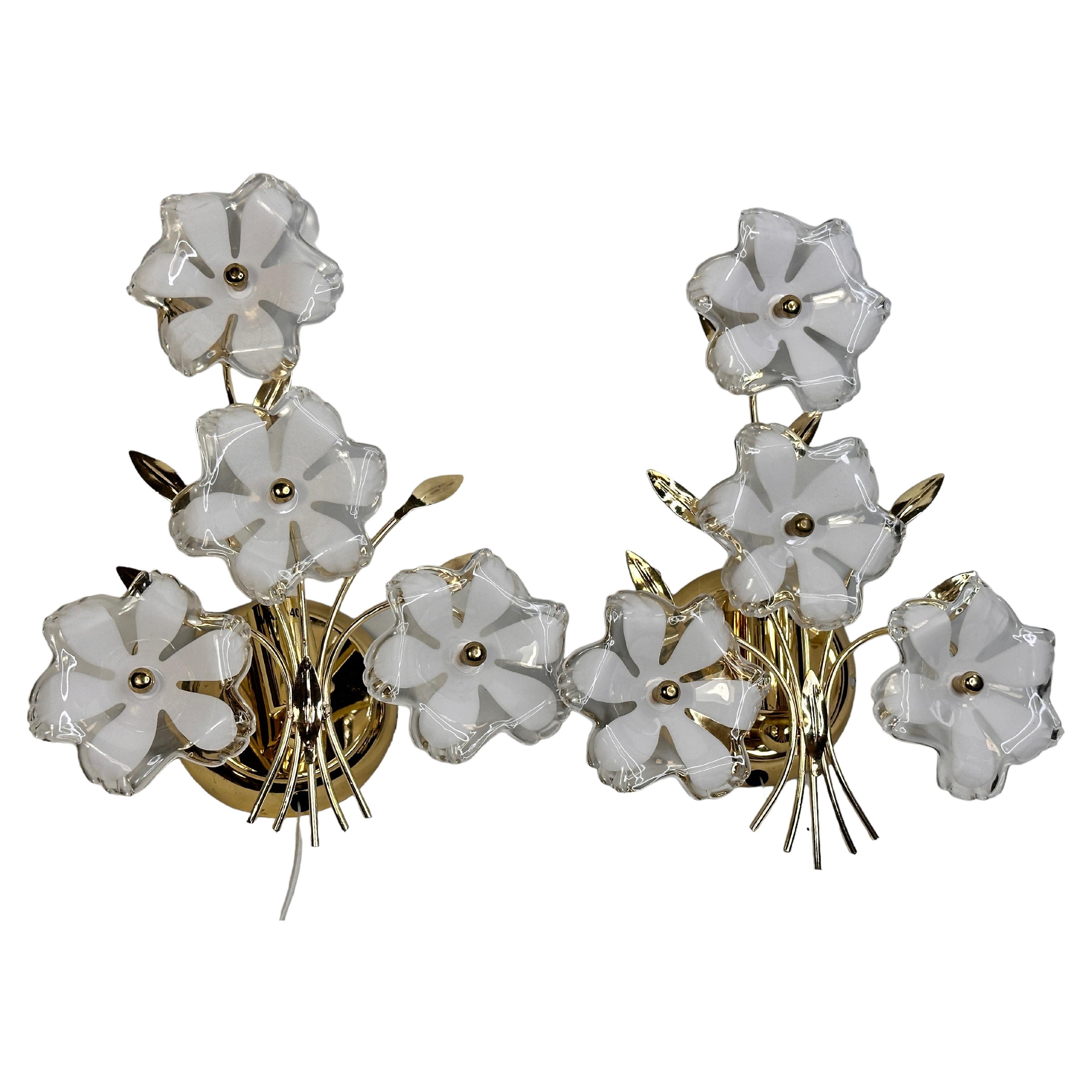 Pair of Floral Murano Sconces, Vintage Brass Wall Lights, 1970s Italy