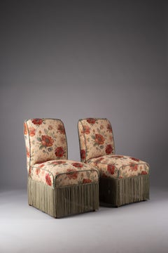 Pair of floral Napoleon III slipper chairs with fringes