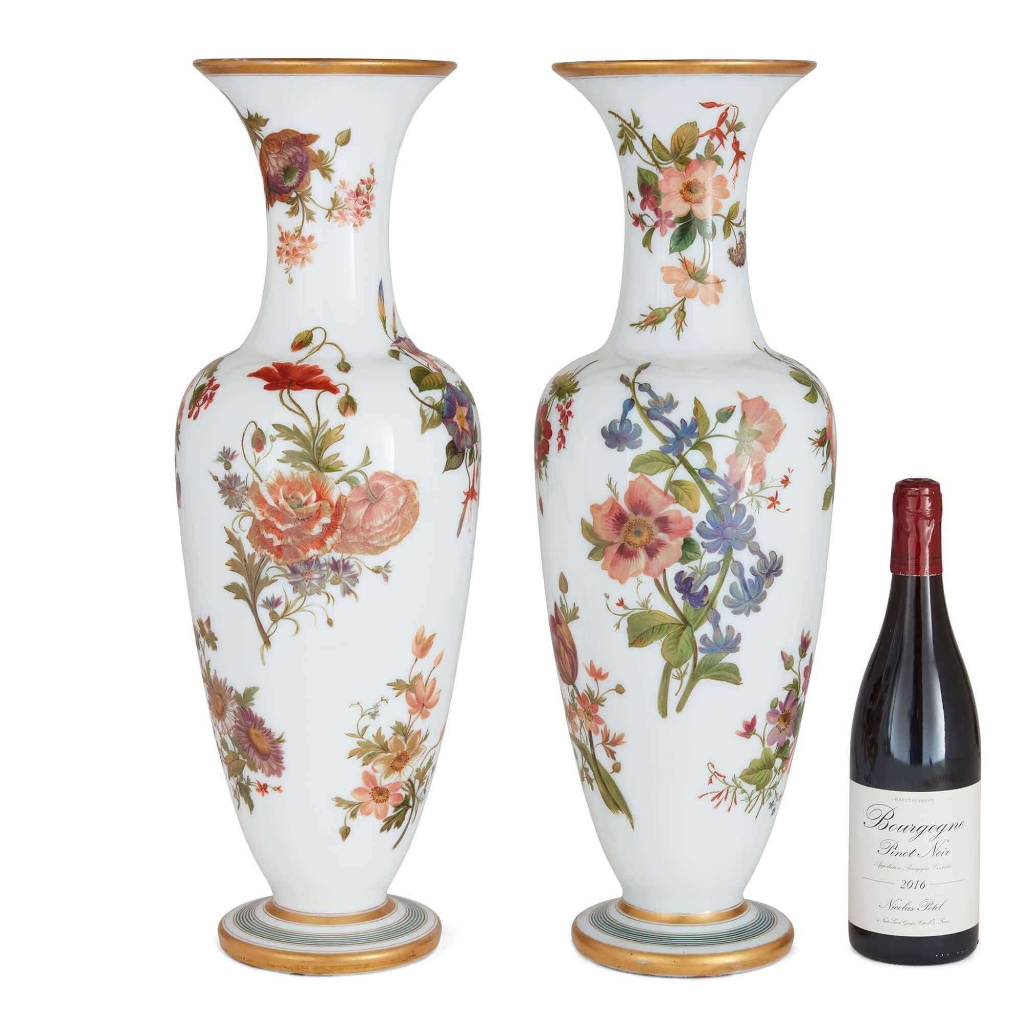 19th Century Pair of Floral Opaline Glass Vases by Baccarat For Sale