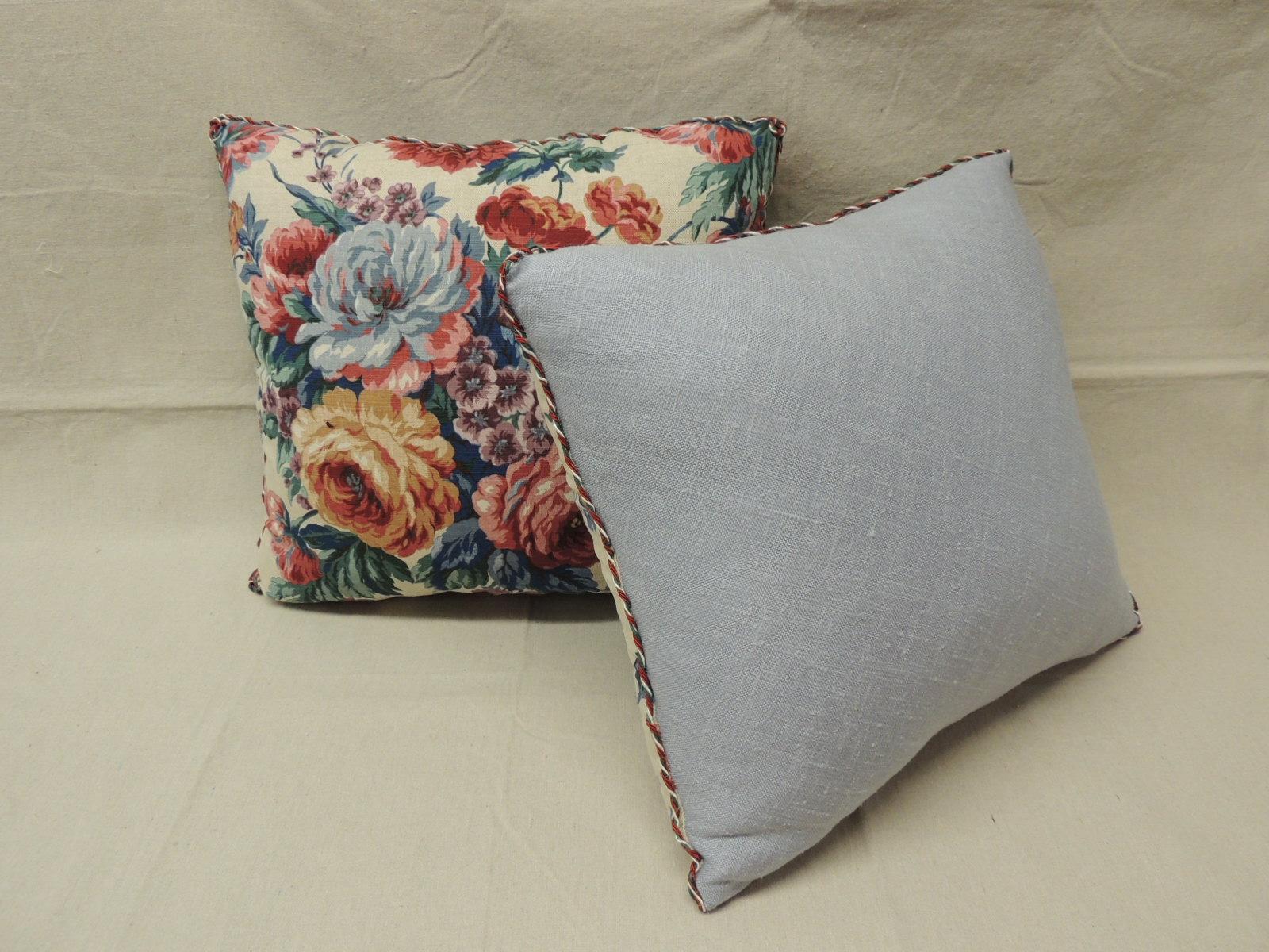 Country Pair of Floral Orange and Red Cabbage Roses Linen Decorative Pillows