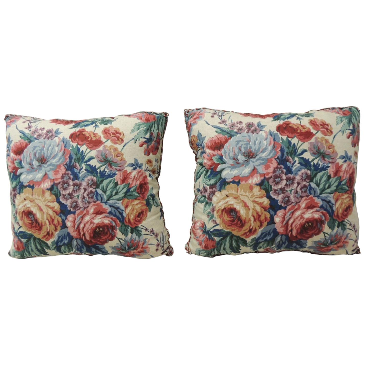 Pair of Floral Orange and Red Cabbage Roses Linen Decorative Pillows