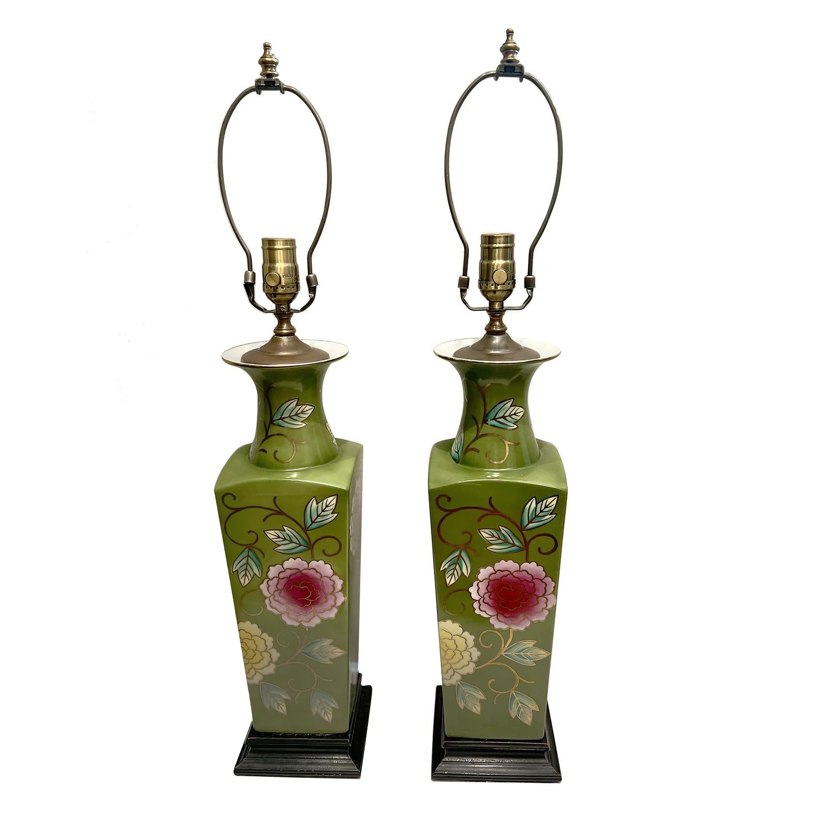Pair of Floral Porcelain Lamps For Sale 2