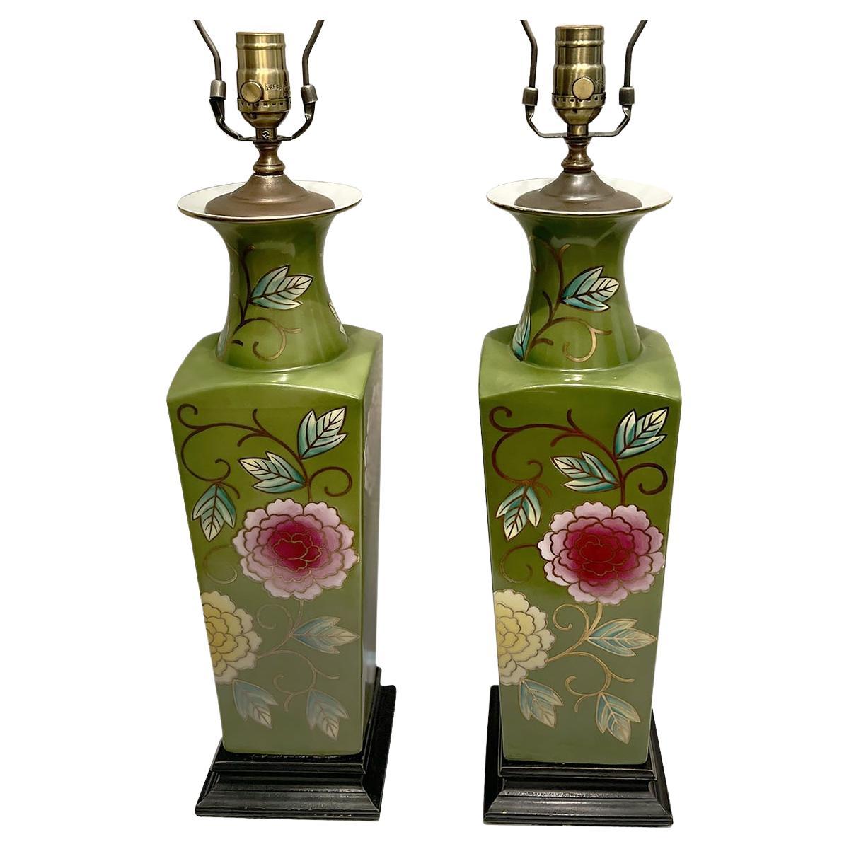 Pair of Floral Porcelain Lamps For Sale