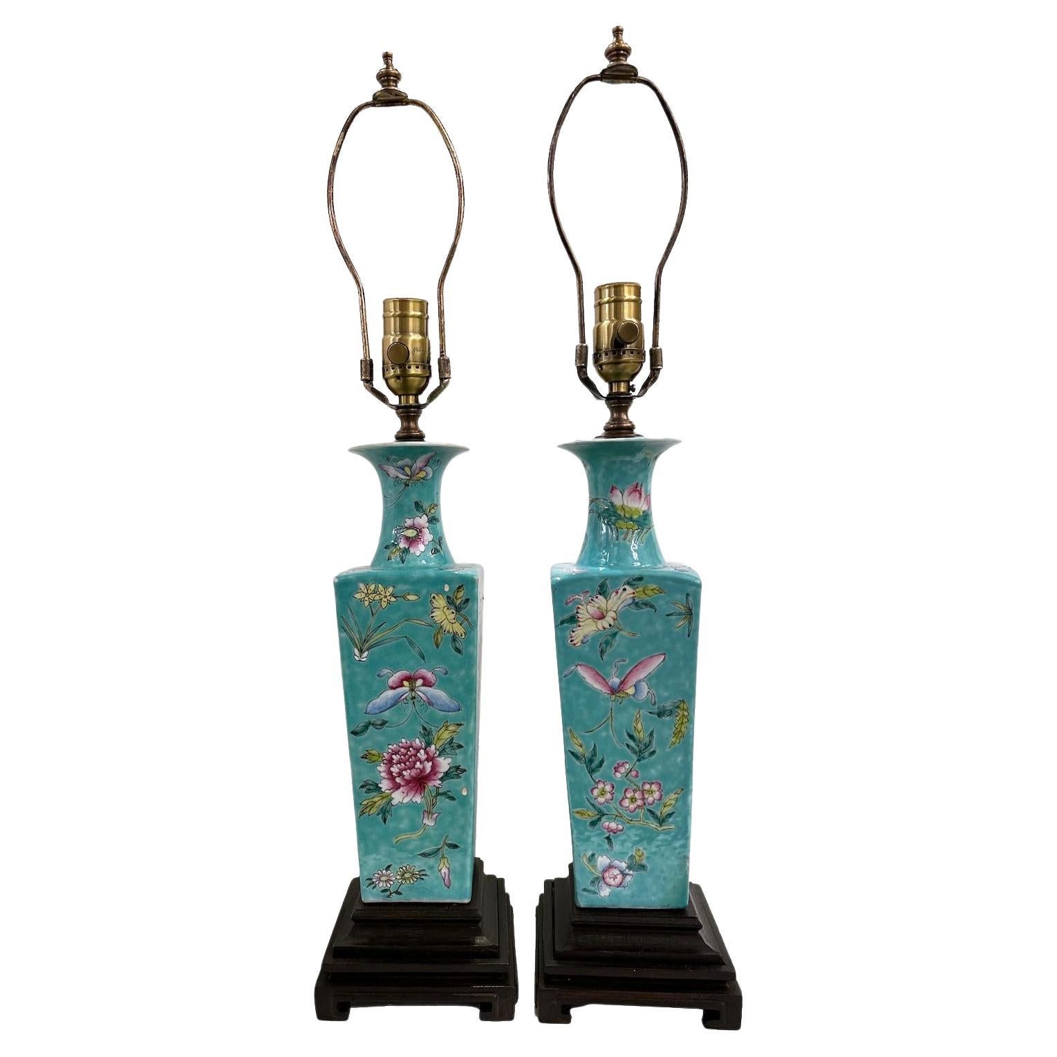 Pair of Floral Porcelain Lamps For Sale