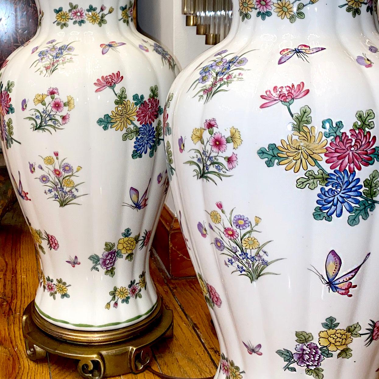 French Pair of Floral Porcelain Table Lamps For Sale