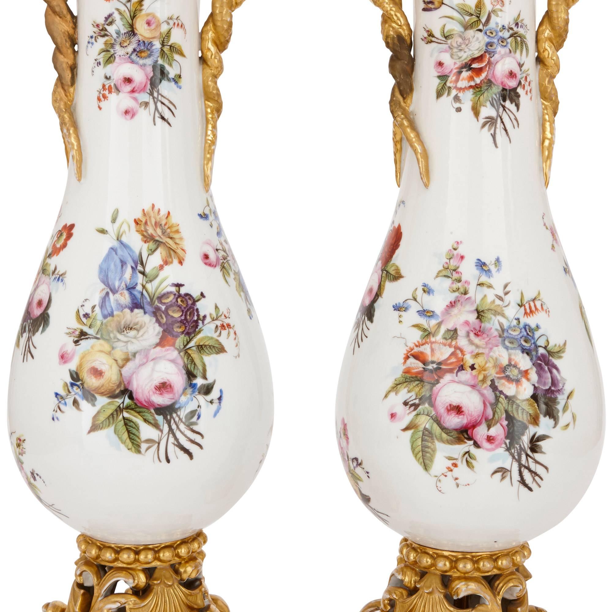 Rococo Pair of Floral Porcelain Vases in the Style of Jacob Petit