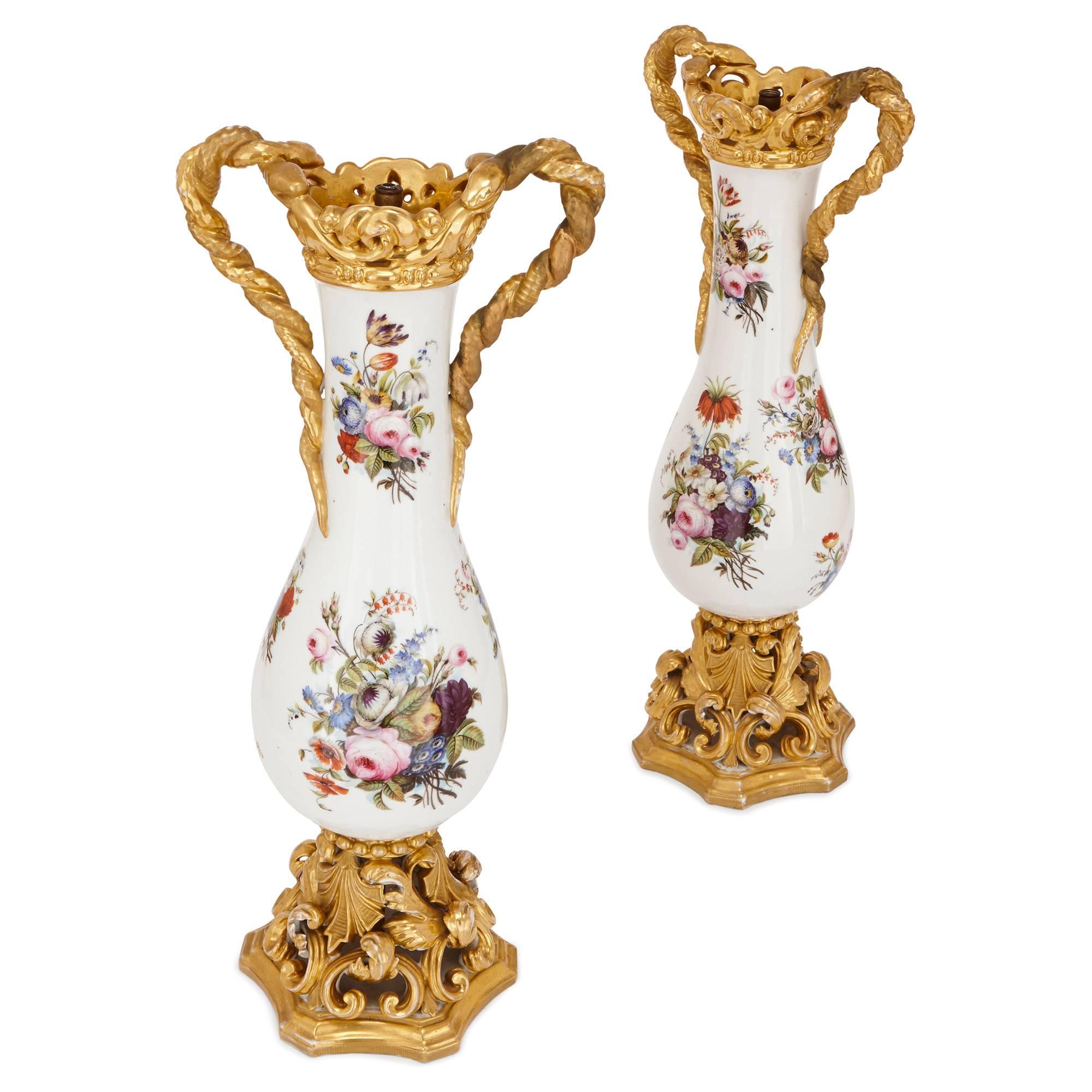 Gilt Pair of Floral Porcelain Vases in the Style of Jacob Petit