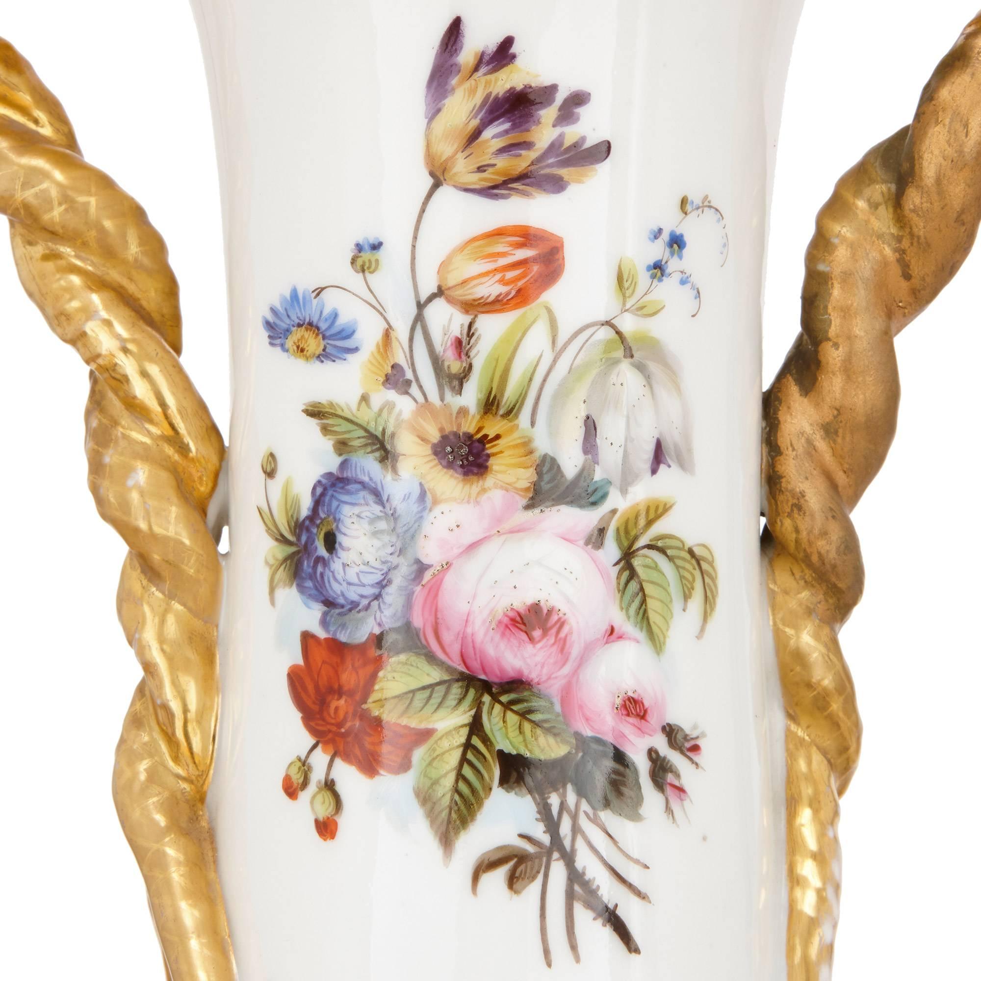 19th Century Pair of Floral Porcelain Vases in the Style of Jacob Petit