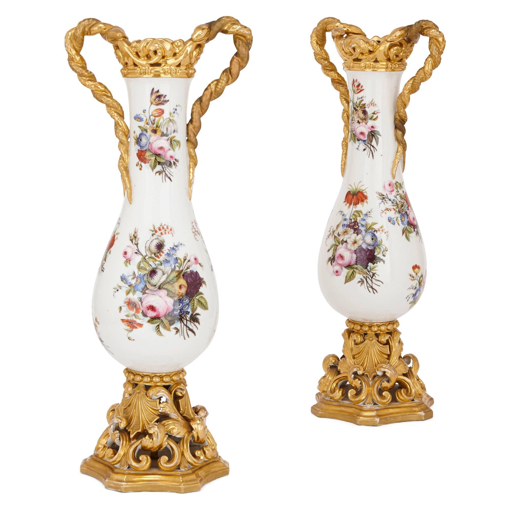 Pair of Floral Porcelain Vases in the Style of Jacob Petit