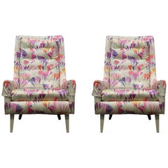 Pair of Floral Printed Mid-Century Modern High Back Lounge Chairs