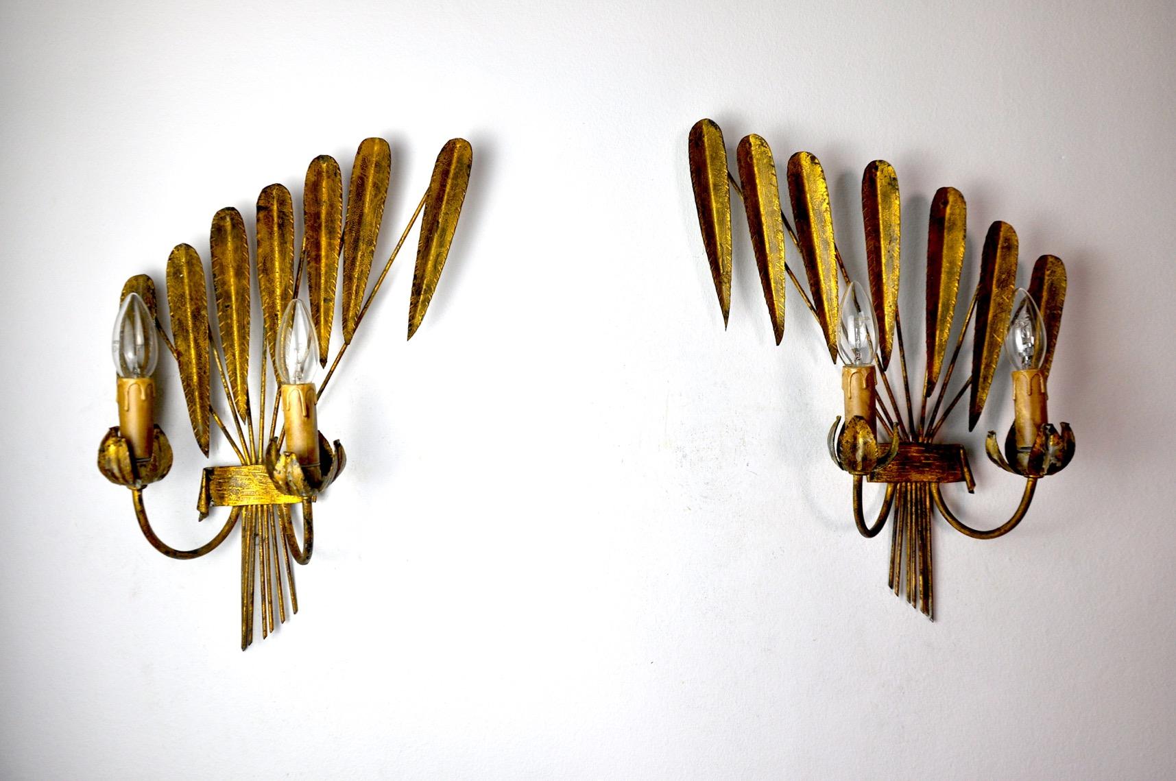 Spanish Pair of Floral Sconces by Ferro Arte, Gold Leaf, Spain, 1960 For Sale