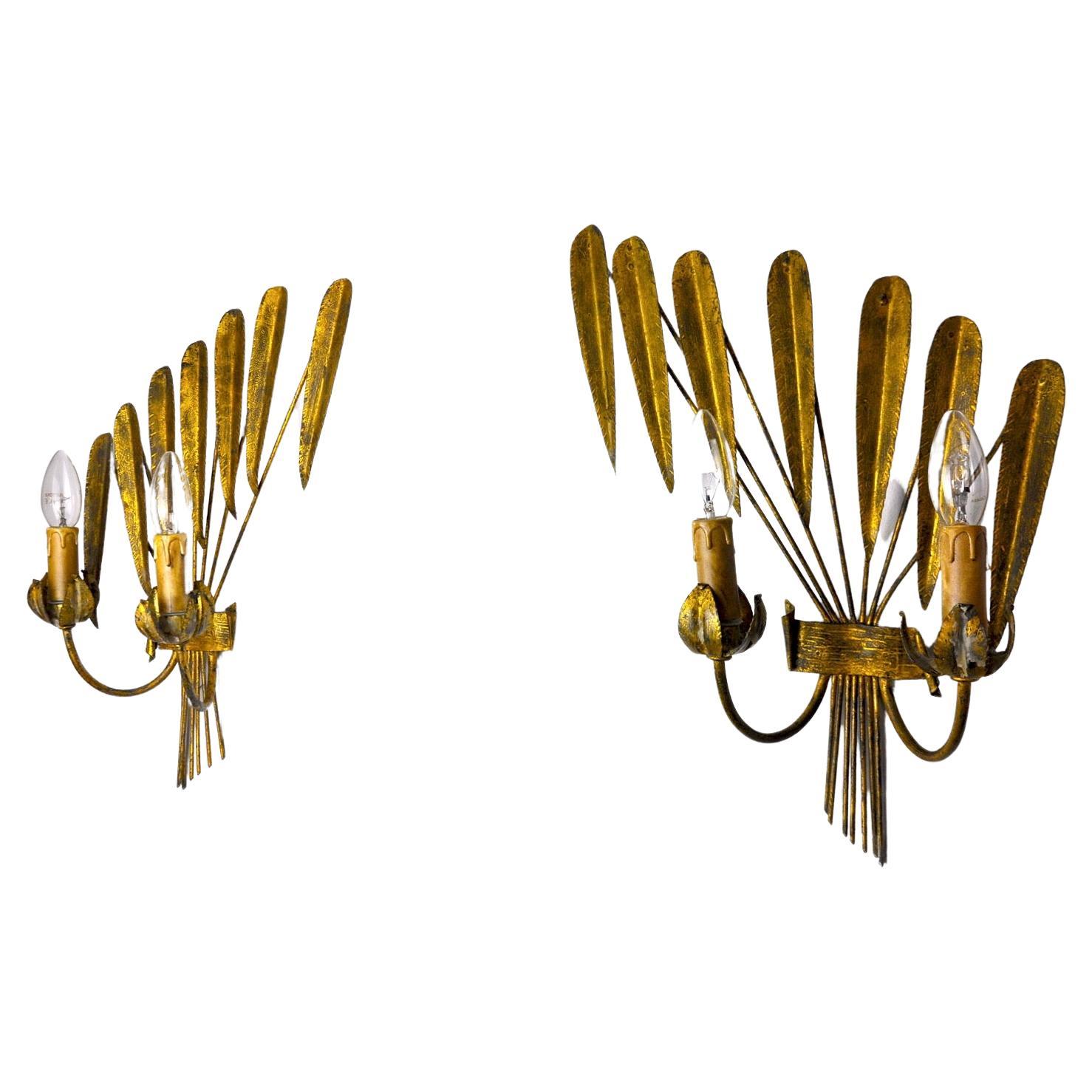Pair of Floral Sconces by Ferro Arte, Gold Leaf, Spain, 1960 For Sale